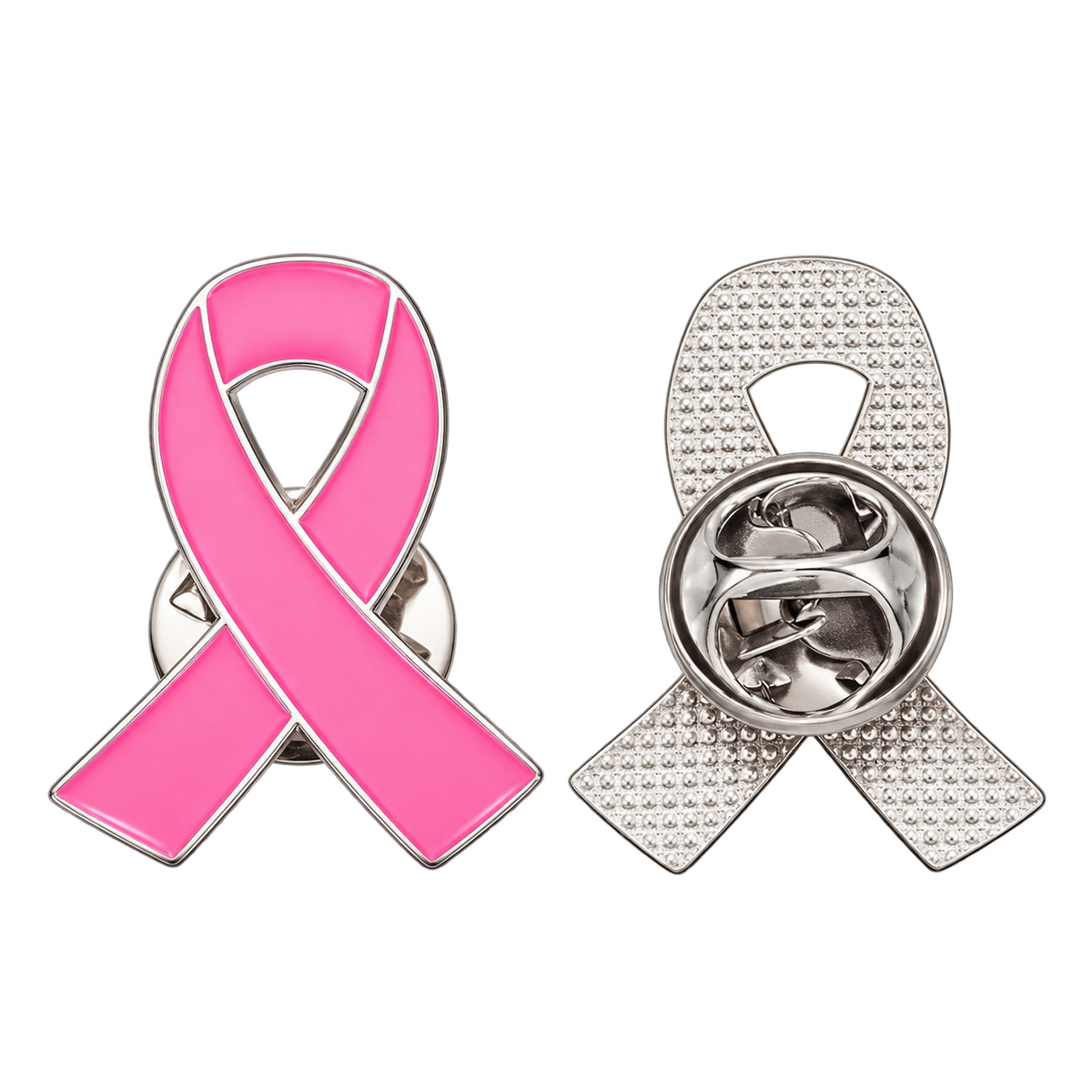 Pin de solapa lazo rosa para cáncer de mama, vista frontal y posterior